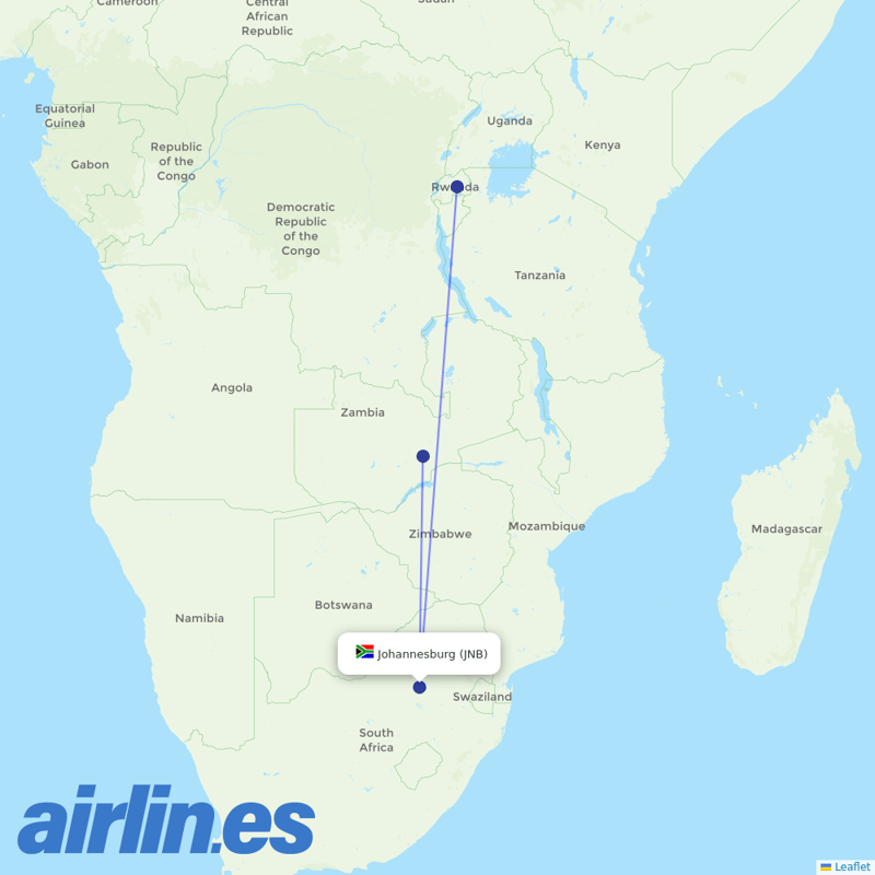 RwandAir from Johannesburg International destination map