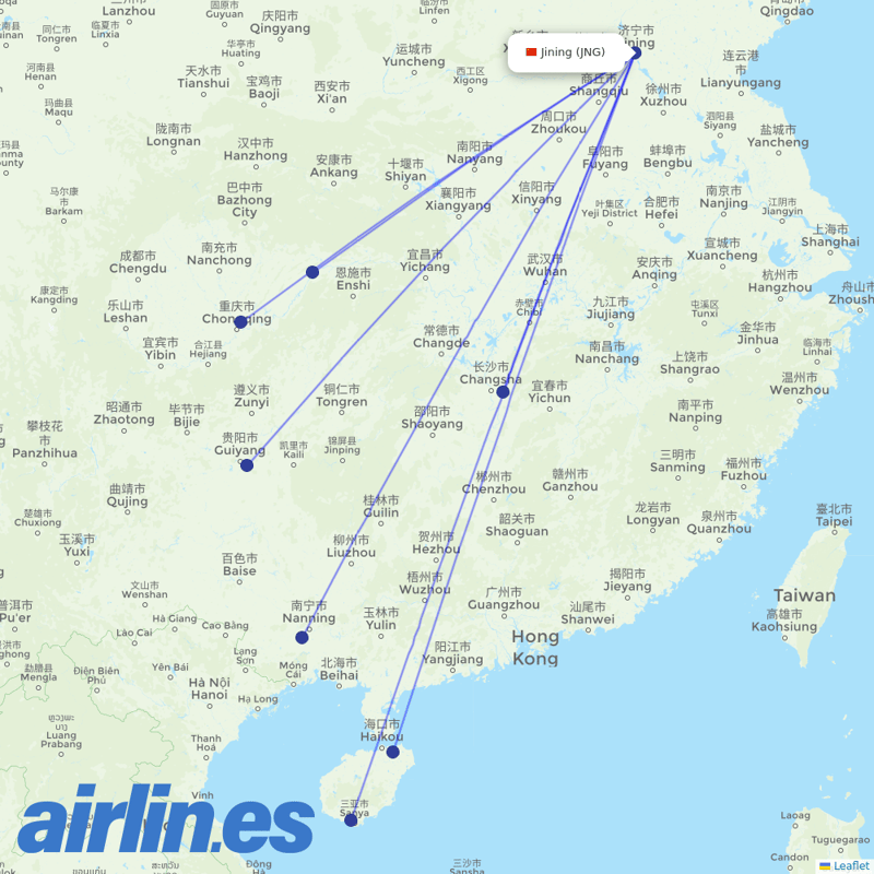 Guangxi Beibu Gulf Airlines from Jining Da'an Airport destination map