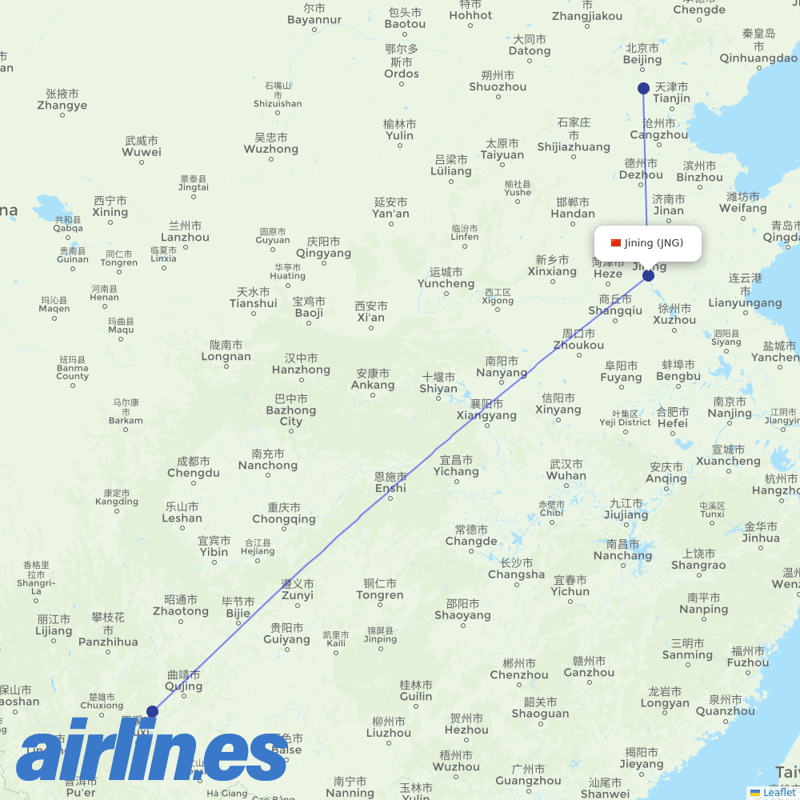 China Eastern Airlines from Jining Da'an Airport destination map