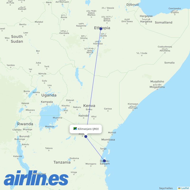 Ethiopian Airlines from Kilimanjaro International destination map