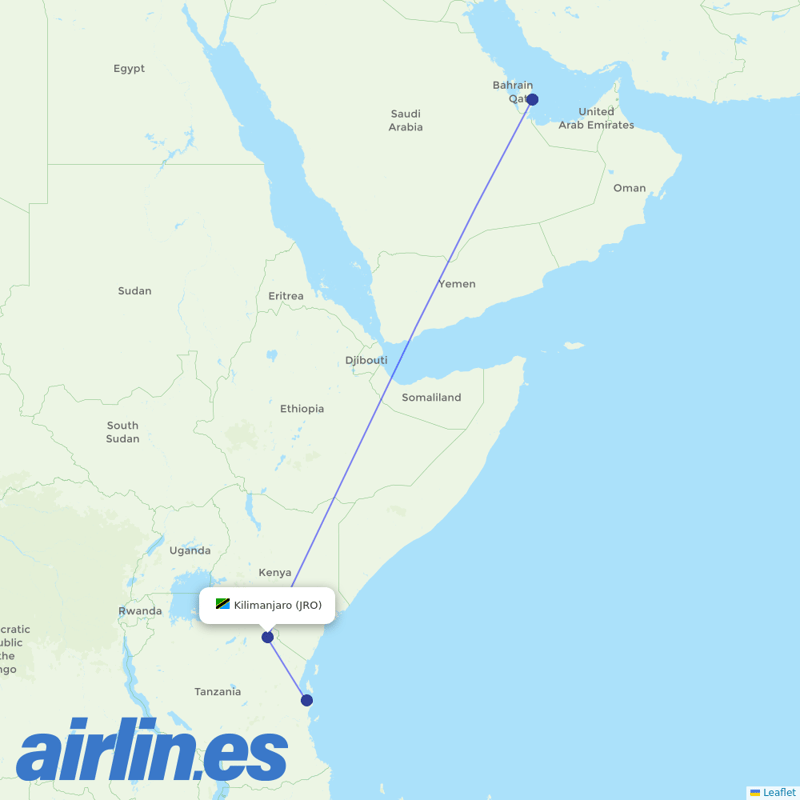 Qatar Airways from Kilimanjaro International destination map