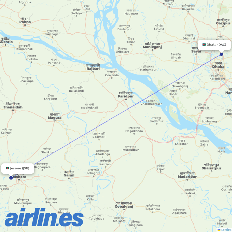Biman Bangladesh Airlines from Jessore destination map