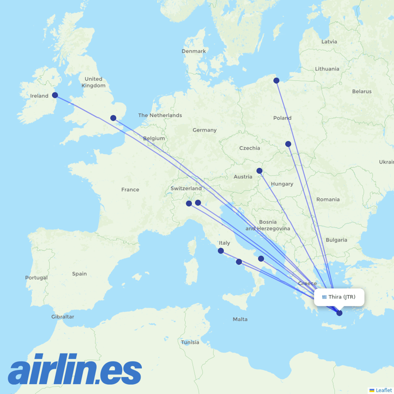 Ryanair from Santorini (Thira) International Airport destination map