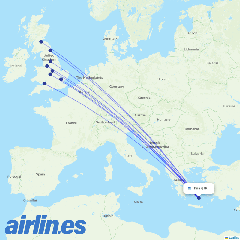 Jet2 from Santorini (Thira) International Airport destination map