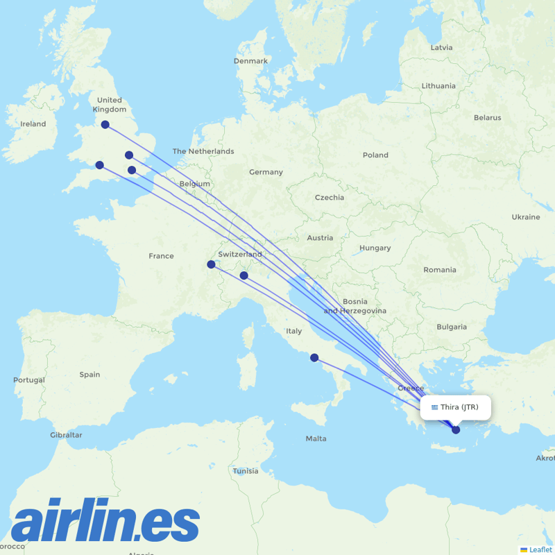 easyJet from Santorini (Thira) International Airport destination map