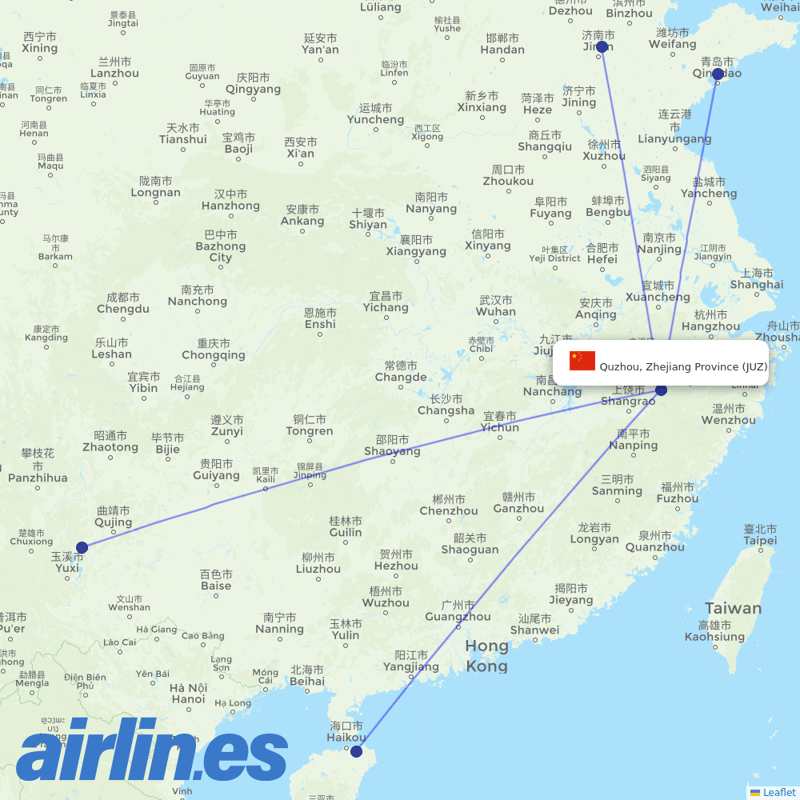 Shandong Airlines from Quzhou Airport destination map