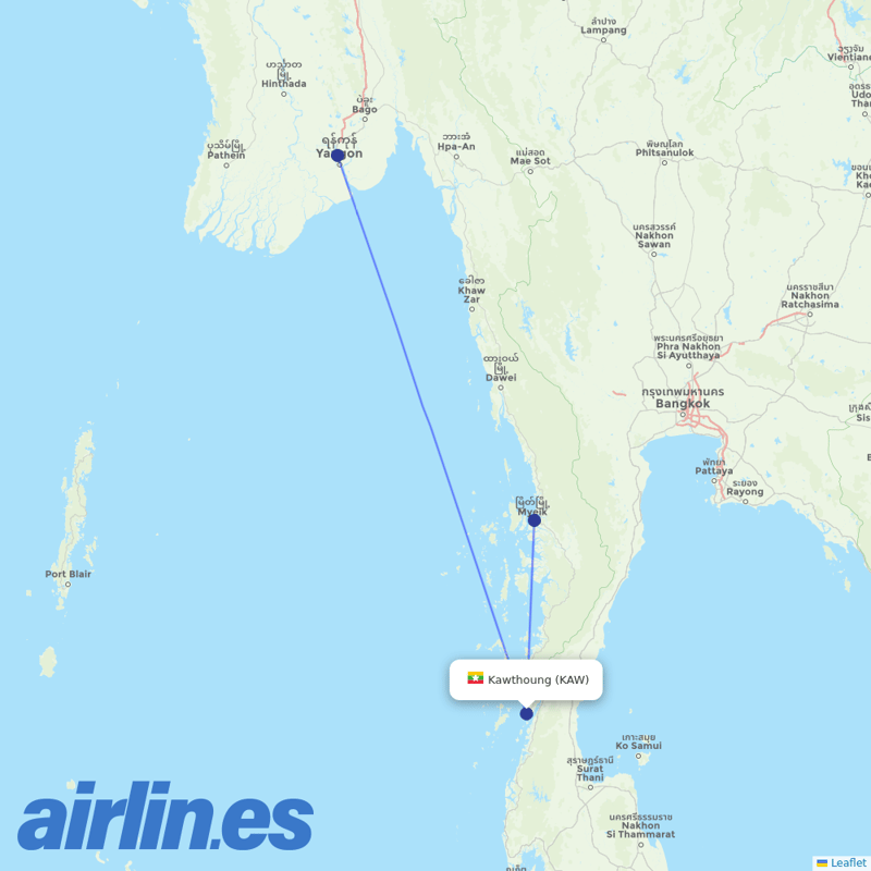 Myanmar National Airlines from Kawthoung Airport destination map