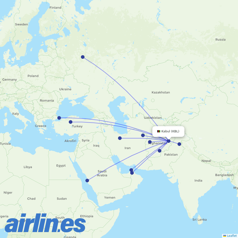 Ariana Afghan Airlines from Kabul International destination map