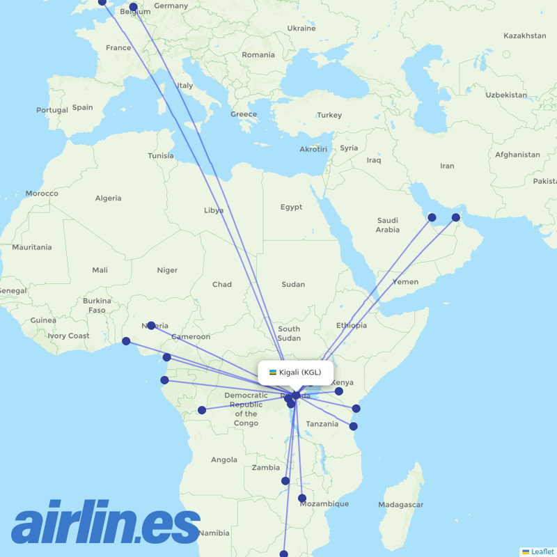 RwandAir from Kigali International destination map