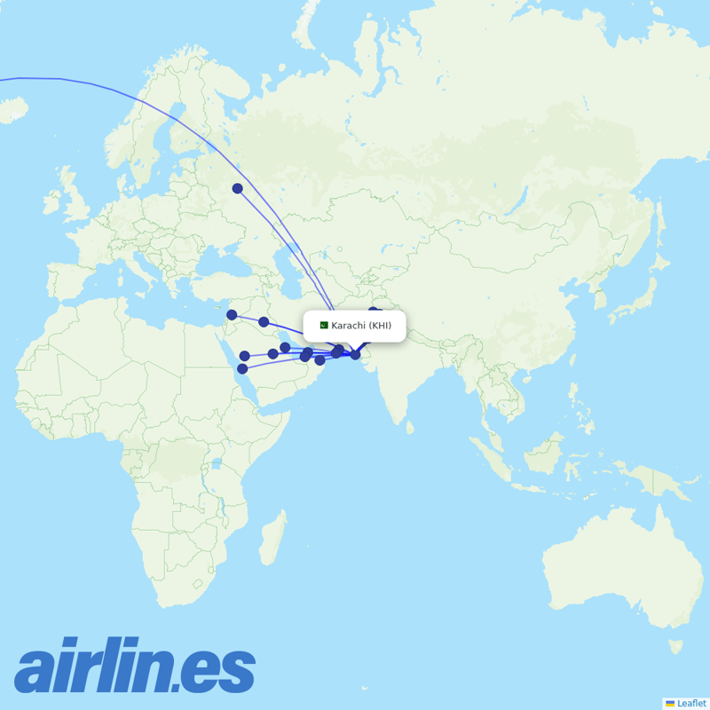 Pakistan International Airlines from Jinnah International destination map