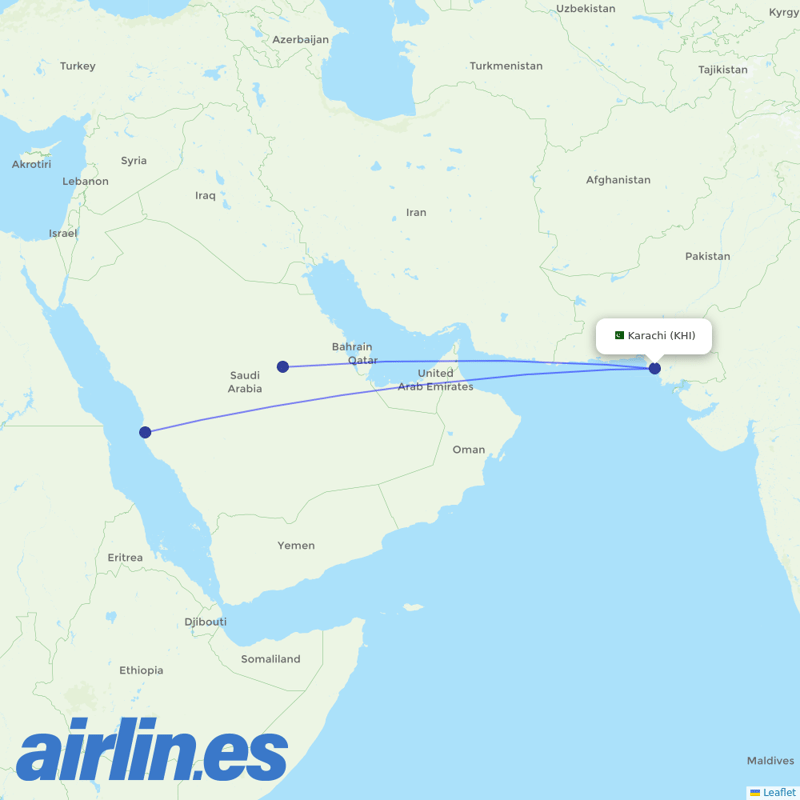 Saudia from Jinnah International destination map