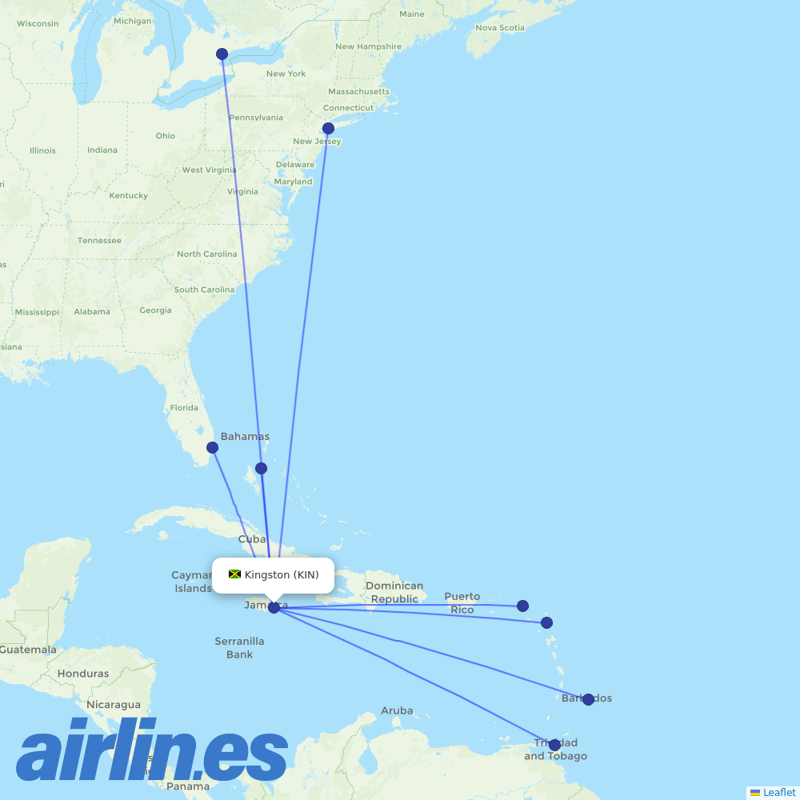 Caribbean Airlines from Norman Manley International Airport destination map