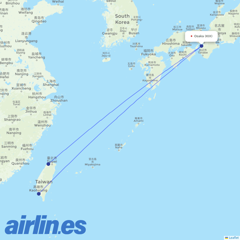 EVA Air from Kansai International Airport destination map