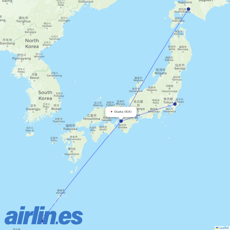 Jetstar Japan from Kansai International Airport destination map