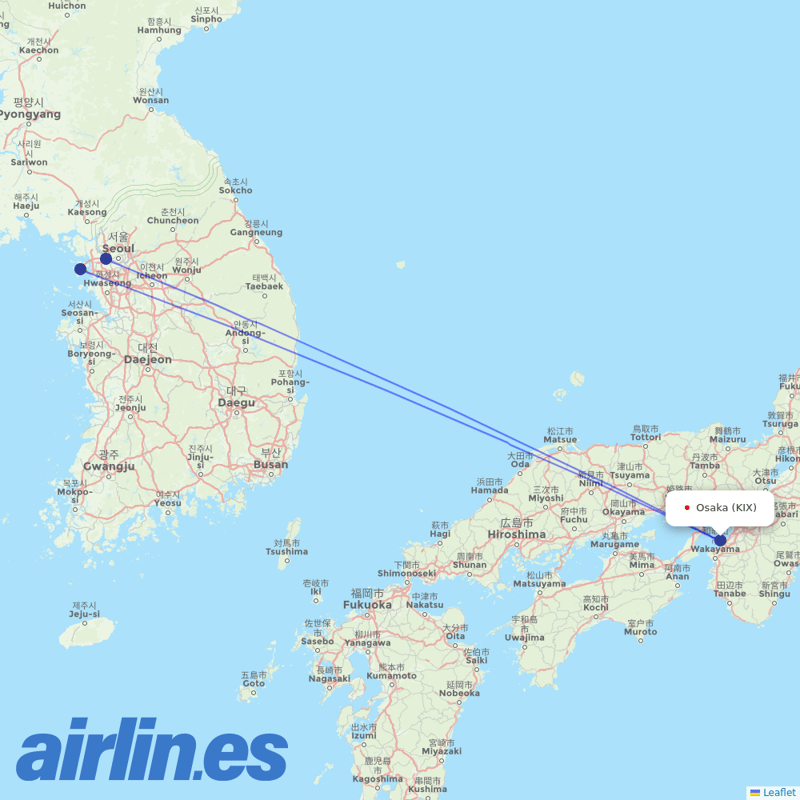 Korean Air from Kansai International Airport destination map