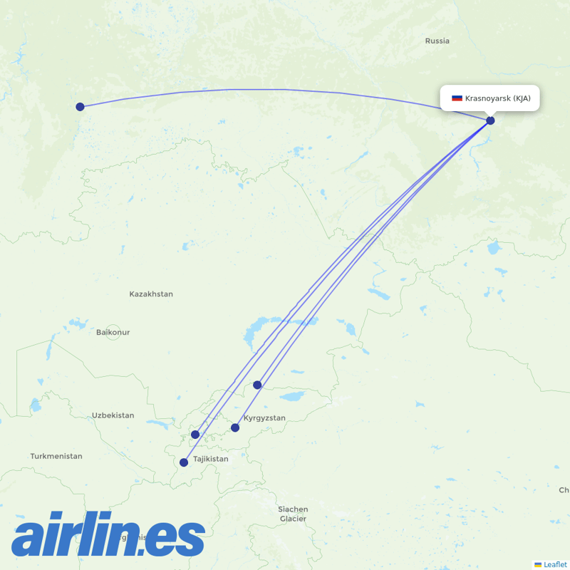 Ural Airlines from Krasnoyarsk International Airport destination map