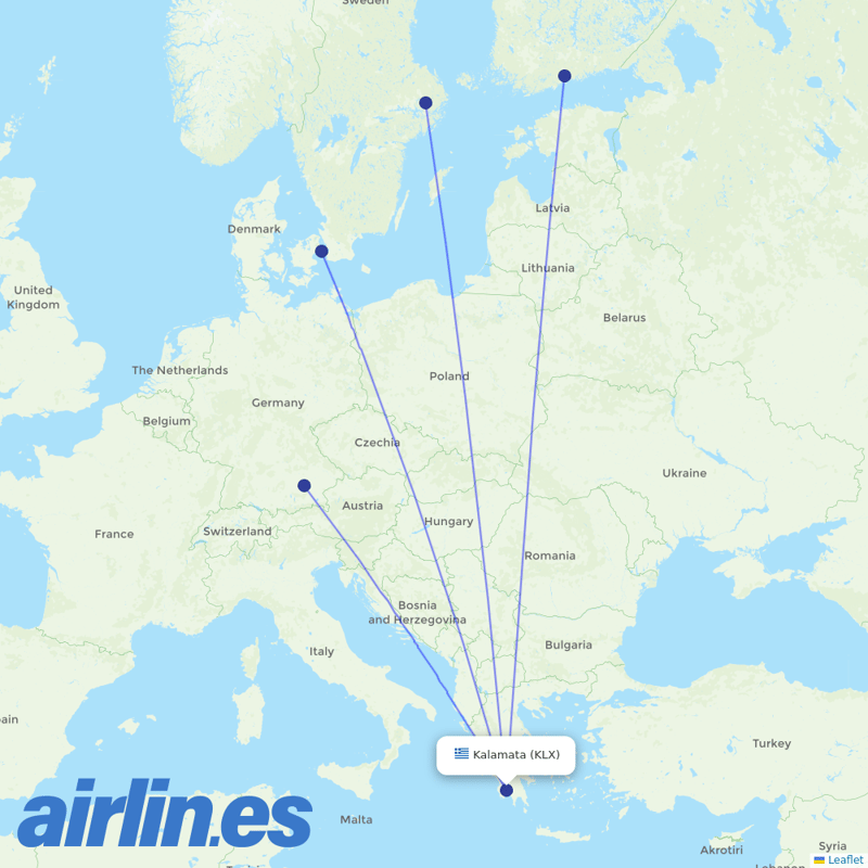 Aegean Airlines from Kalamata destination map