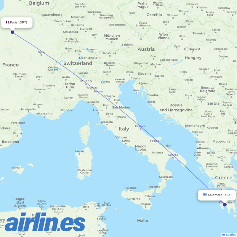Transavia France from Kalamata destination map