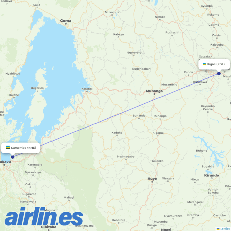 RwandAir from Kamembe destination map