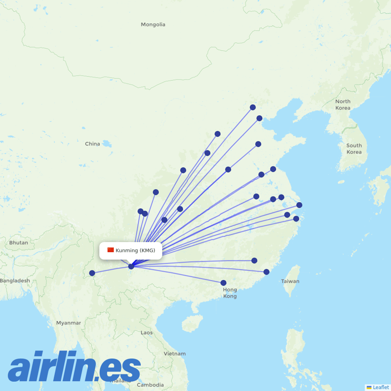 Sichuan Airlines from Kunming Changshui International Airport destination map