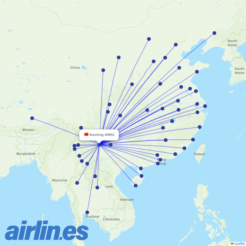 Lucky Air from Kunming Changshui International Airport destination map