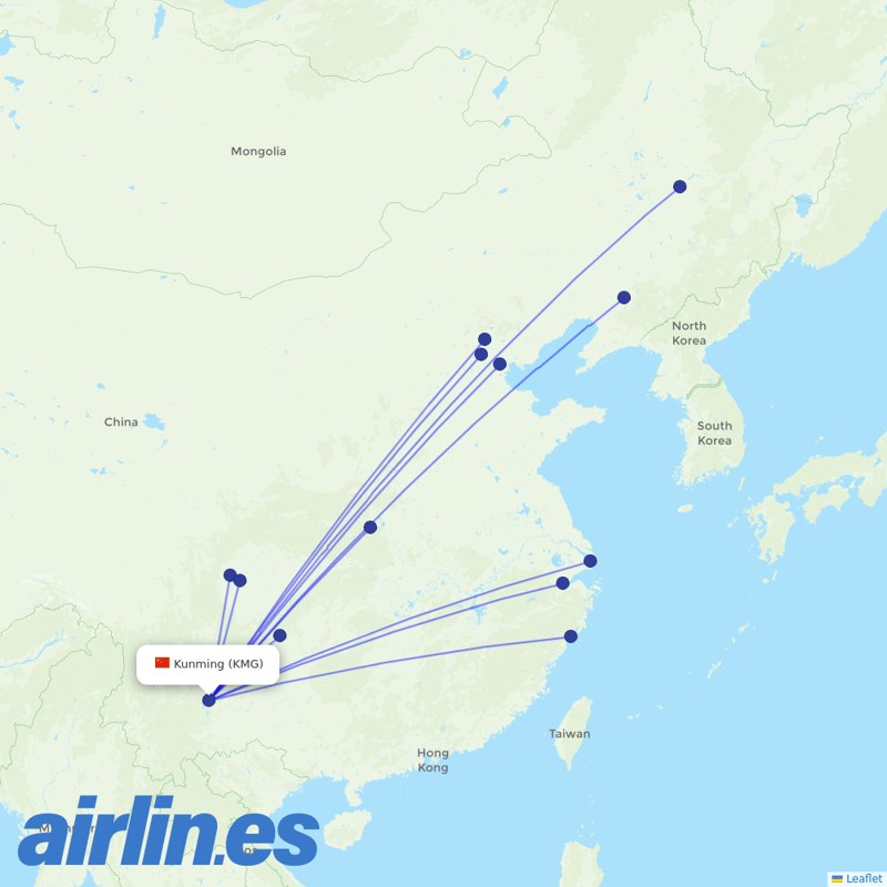 Air China from Kunming Changshui International Airport destination map
