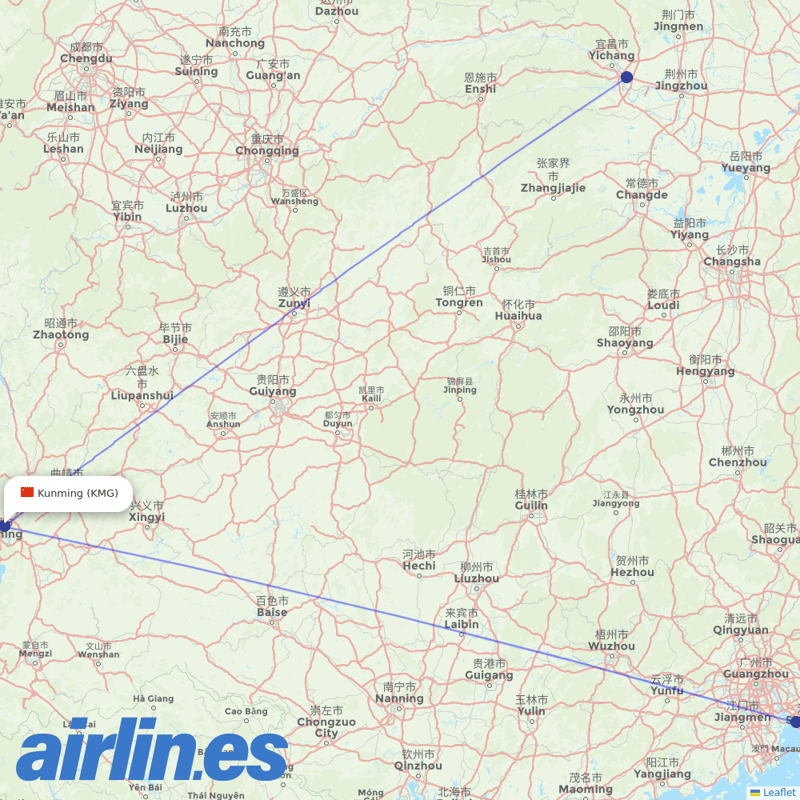 Donghai Airlines from Kunming Changshui International Airport destination map