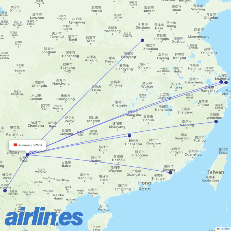 Shanghai Airlines from Kunming Changshui International Airport destination map