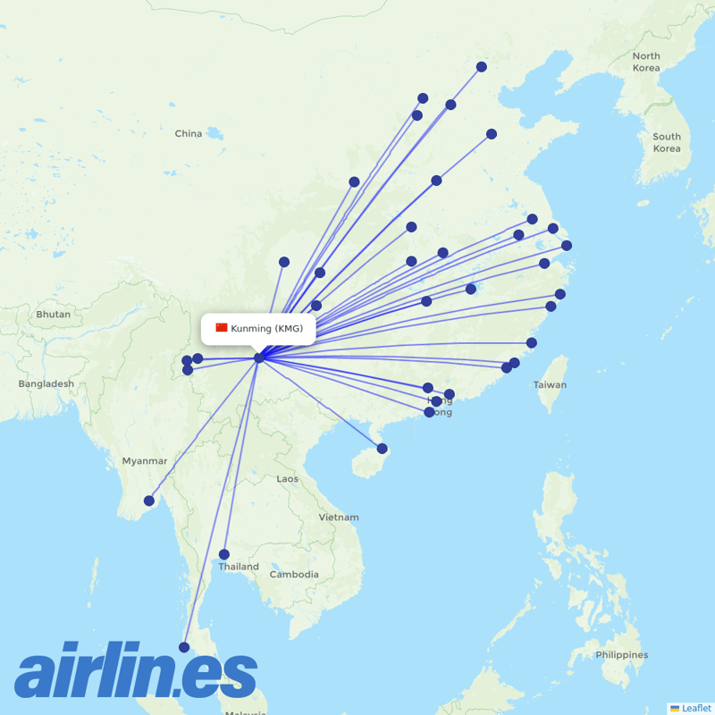Kunming Airlines from Kunming Changshui International Airport destination map