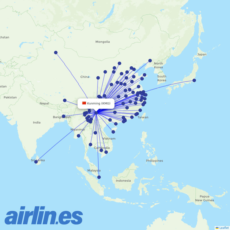 China Eastern Airlines from Kunming Changshui International Airport destination map