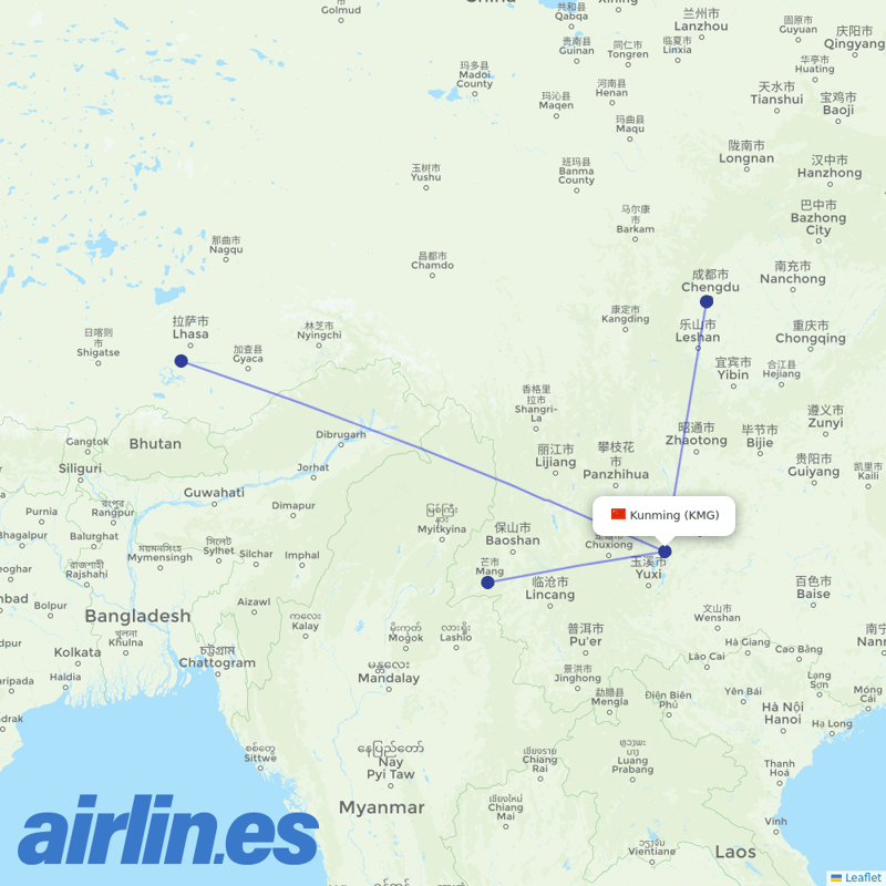 Tibet Airlines from Kunming Changshui International Airport destination map