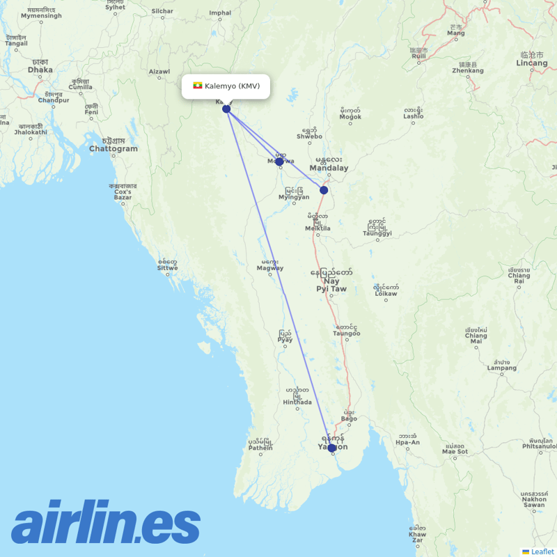 Myanmar National Airlines from Kalay Airport destination map