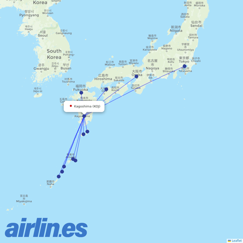 JAL from Kagoshima Airport destination map