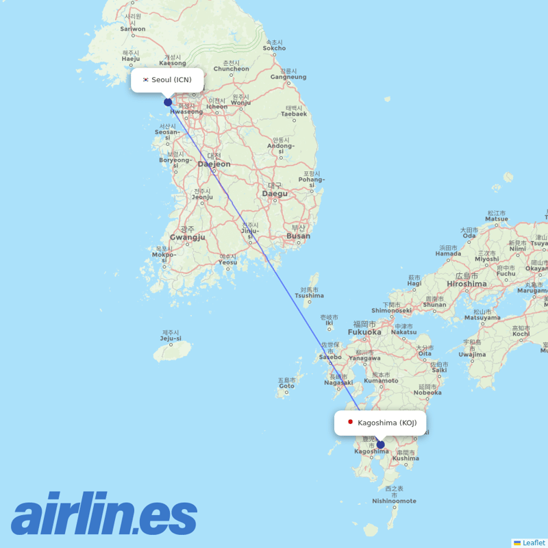 Korean Air from Kagoshima Airport destination map