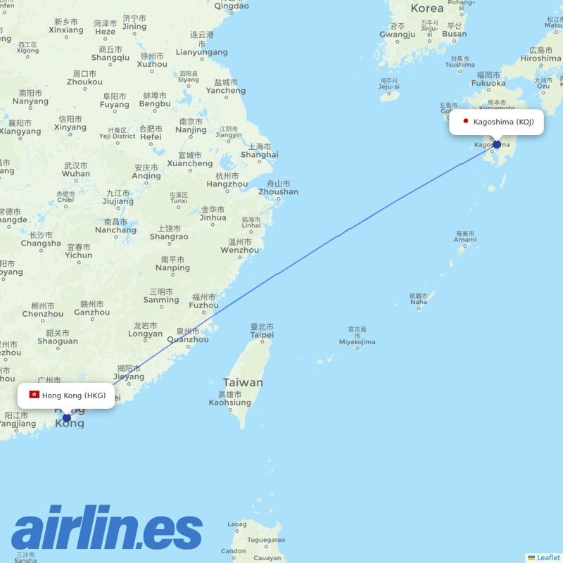 HK Express from Kagoshima Airport destination map