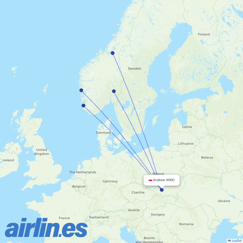 Norwegian Air from Kraków John Paul II International Airport destination map