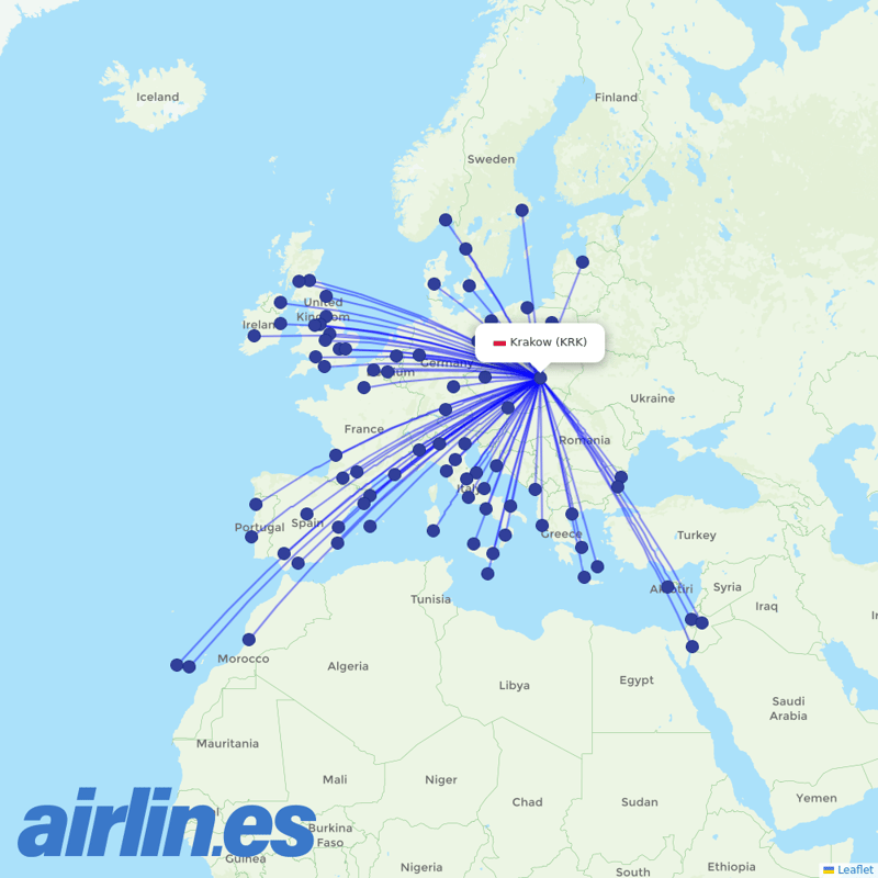 Ryanair from Kraków John Paul II International Airport destination map