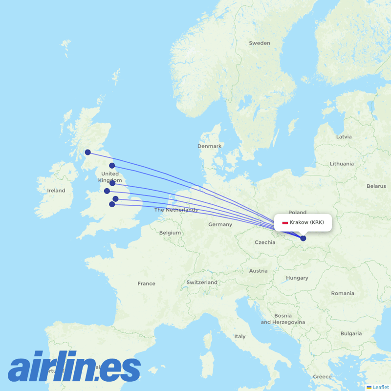 Jet2 from Kraków John Paul II International Airport destination map