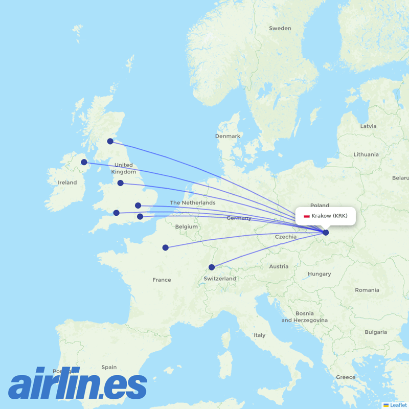 easyJet from Kraków John Paul II International Airport destination map