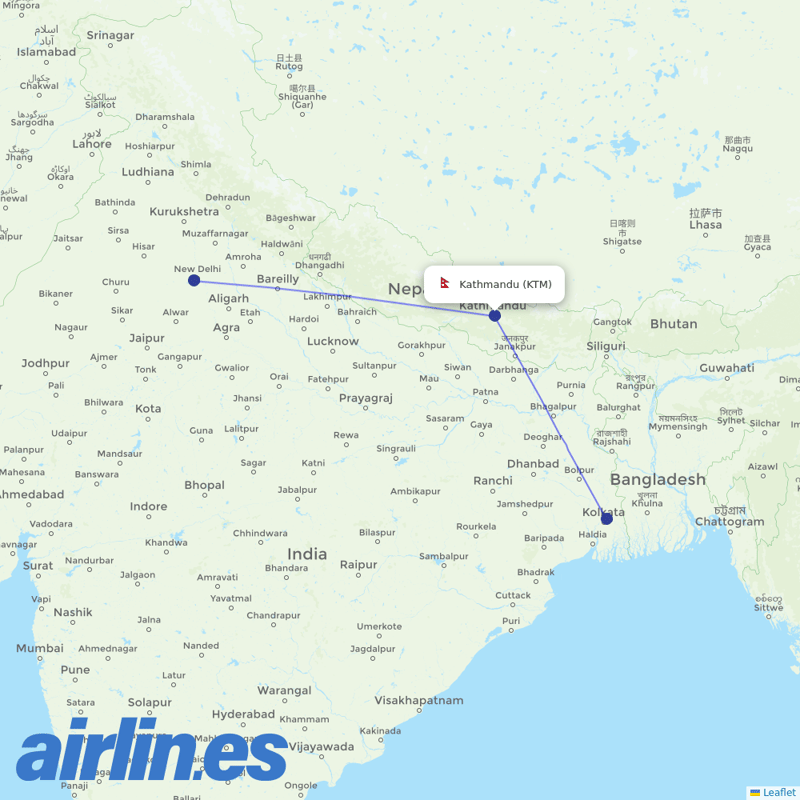 Air India from Tribhuvan International destination map