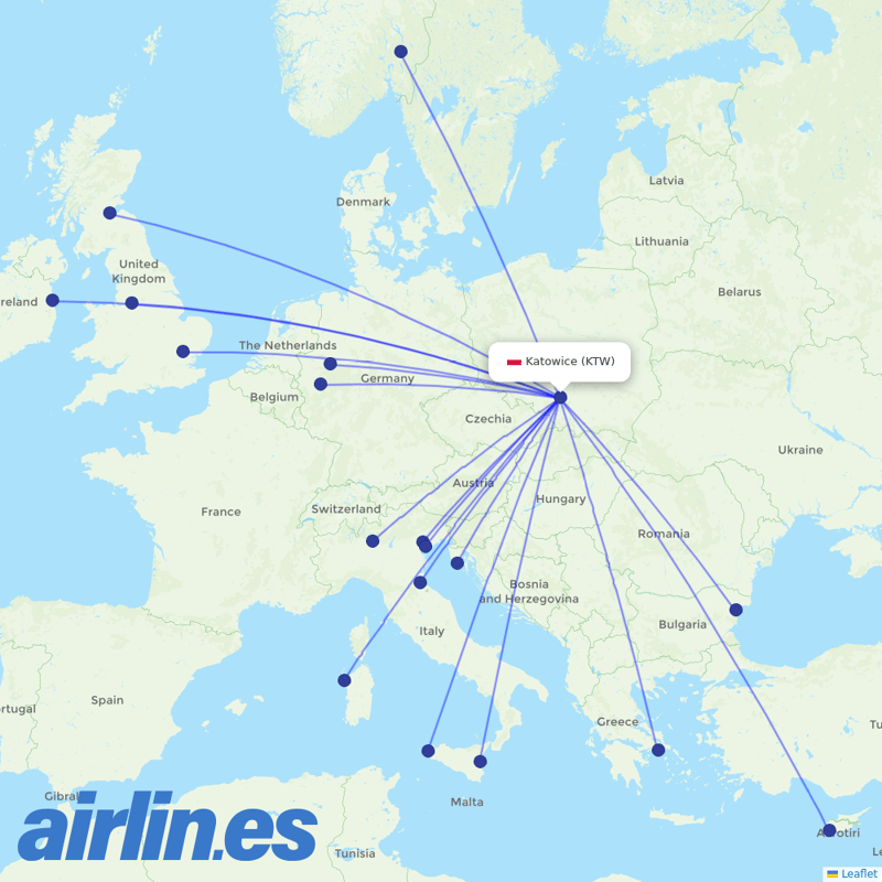 Ryanair from Katowice Airport destination map