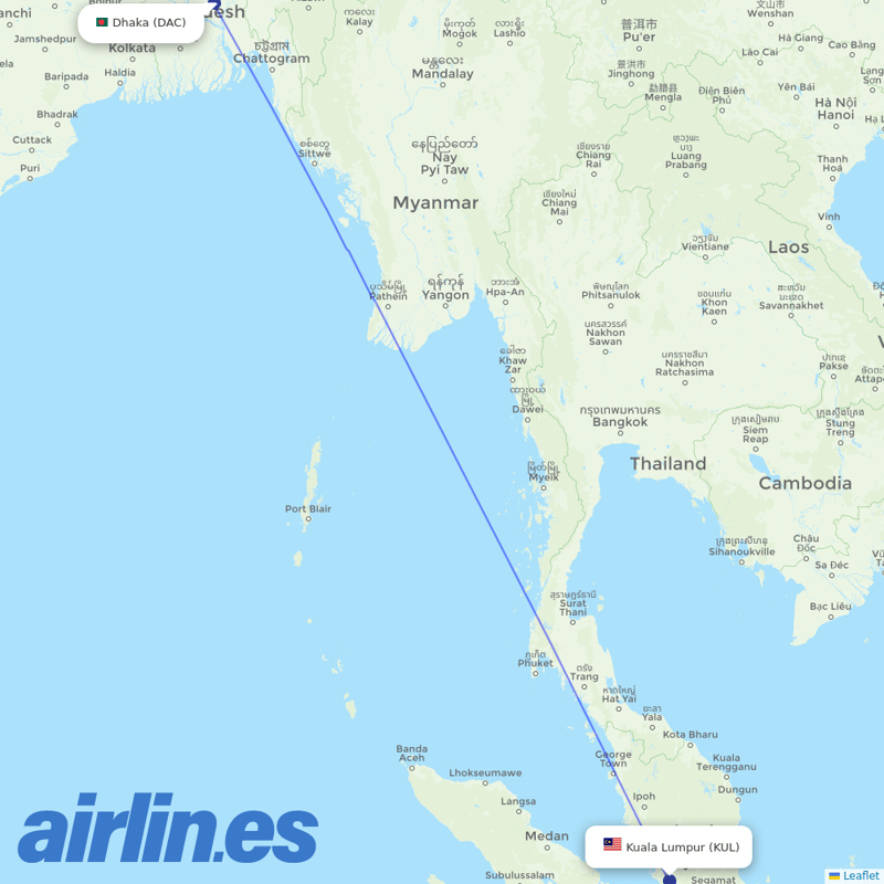 Biman Bangladesh Airlines from Kuala Lumpur International Airport destination map