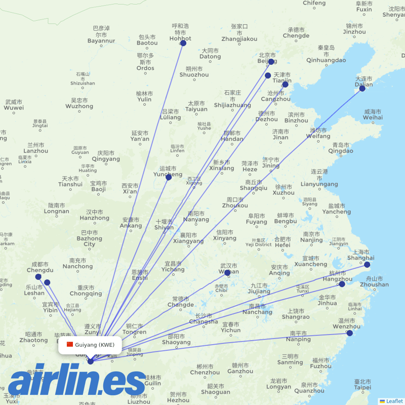 Air China from Guiyang Longdongbao International Airport destination map