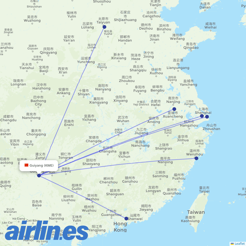 Juneyao Airlines from Guiyang Longdongbao International Airport destination map
