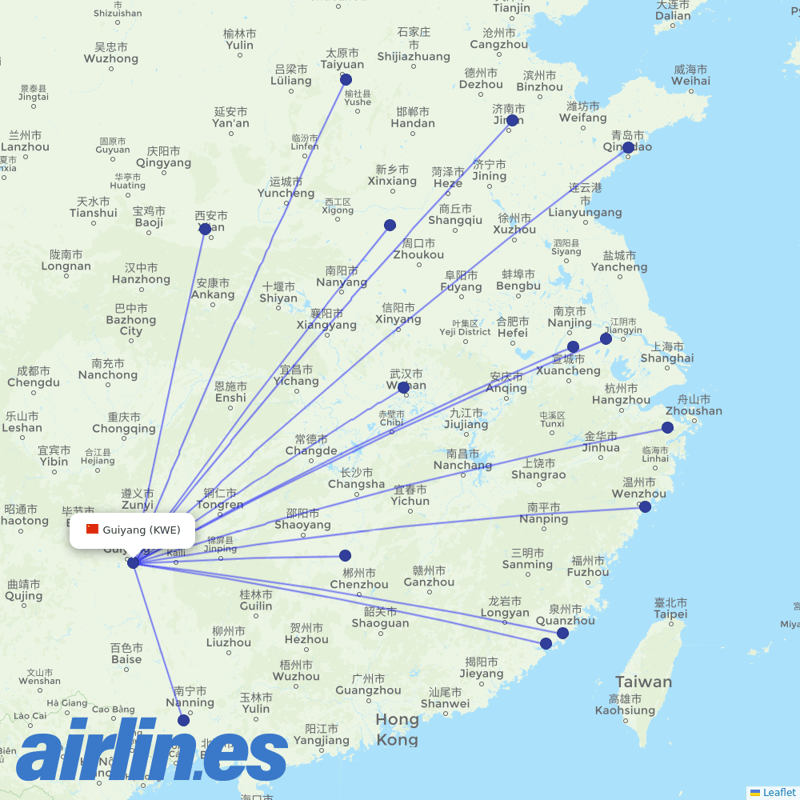 Shandong Airlines from Guiyang Longdongbao International Airport destination map