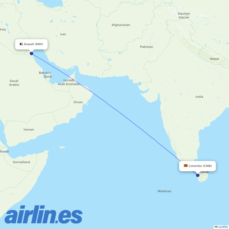 SriLankan Airlines from Kuwait International destination map