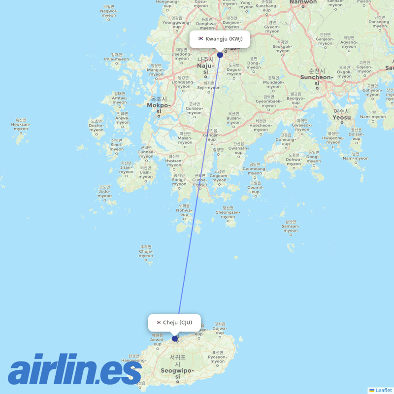 Korean Air from Gwangju destination map