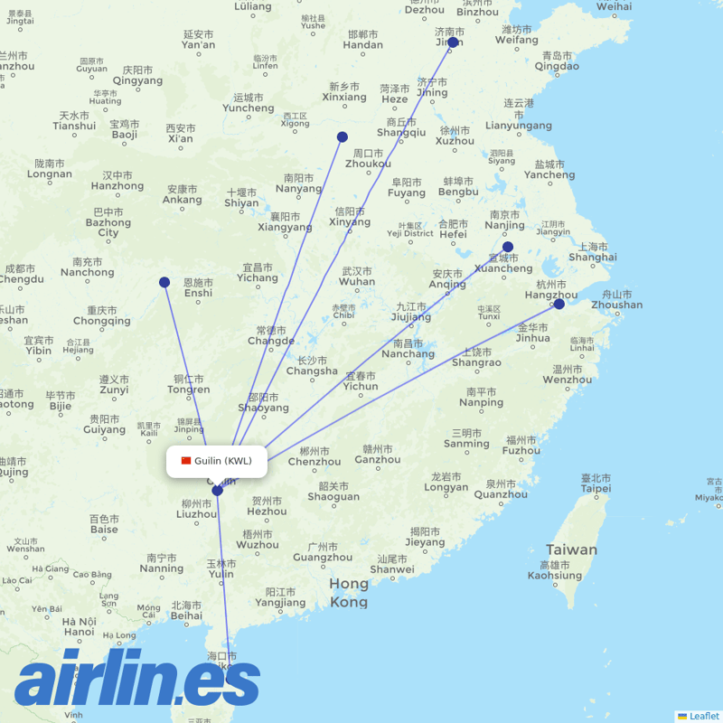 Shandong Airlines from Guilin Liangjiang International Airport destination map