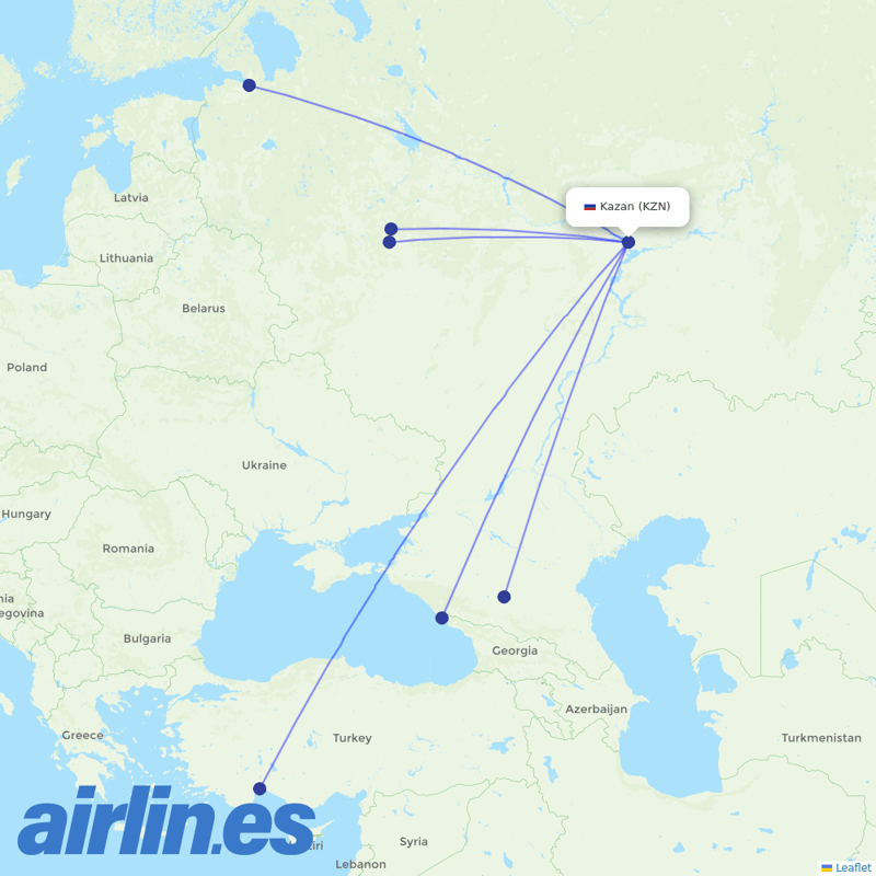 Aeroflot from Kazan International Airport destination map
