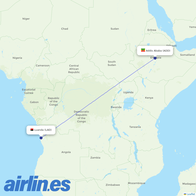 Ethiopian Airlines from Luanda 4 De Fevereiro destination map